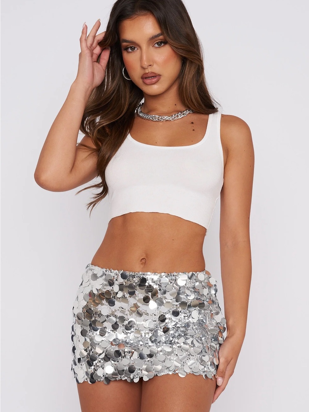 White Fox Boutique Silver Sequin Mini Skirt